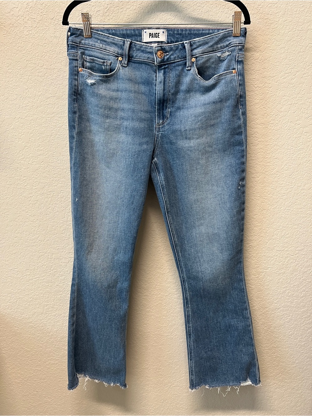 PAIGE Colette High Rise Crop Flare Raw Hem Jeans Light Wash Size 30 - Picture 3 of 16